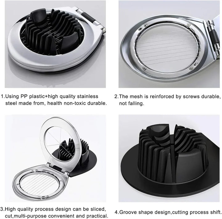 Stainless Steel 3-in-1 Egg Slicer with durable wires, ergonomic design; slices eggs, mushrooms, fruits easily for top present