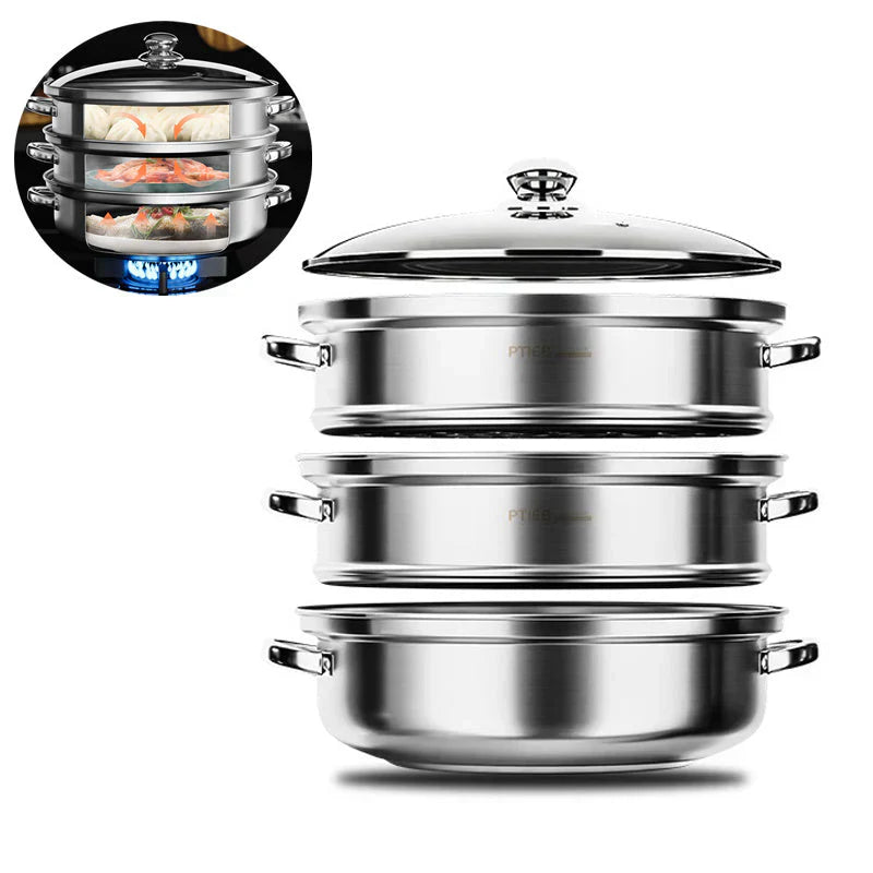 Stainless Steel 3-Tier Steamer with Glass Lid and Handles – Lunirel