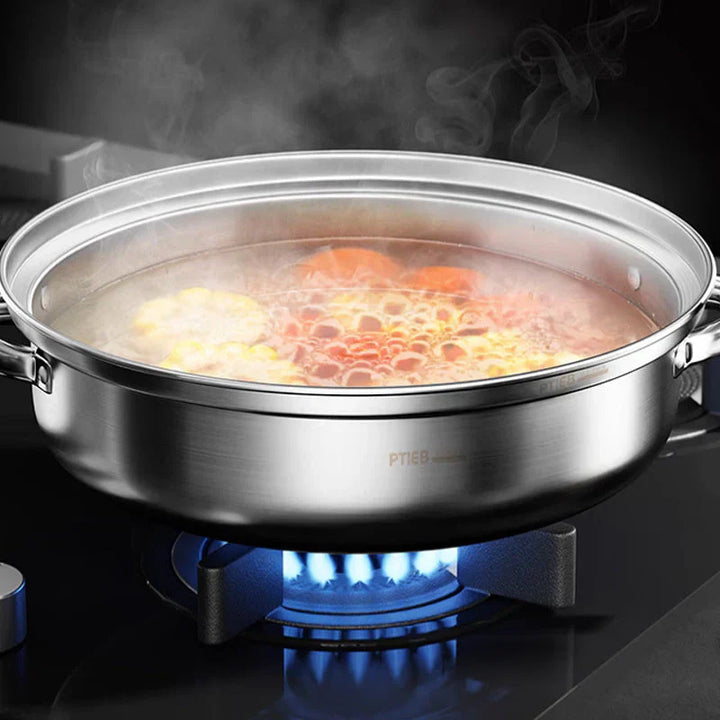 "Stainless steel 3-tier steamer with glass lid and handles, ideal for healthy cooking, steaming vegetables, fish, and dumplin