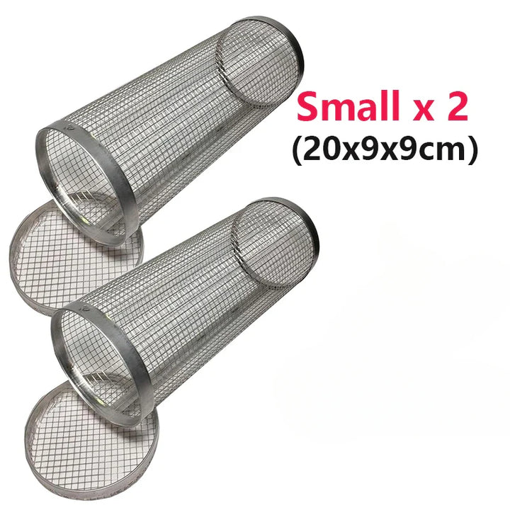 "Stainless steel BBQ rolling basket with mesh design for even grilling, shown with food; essential for outdoor cooking."