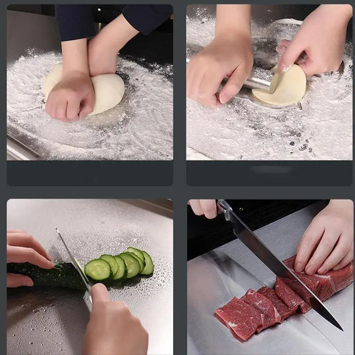 Stainless steel chopping board with non-slip silicone pads, sleek finish, ideal for meat, fish, veggies slicing.