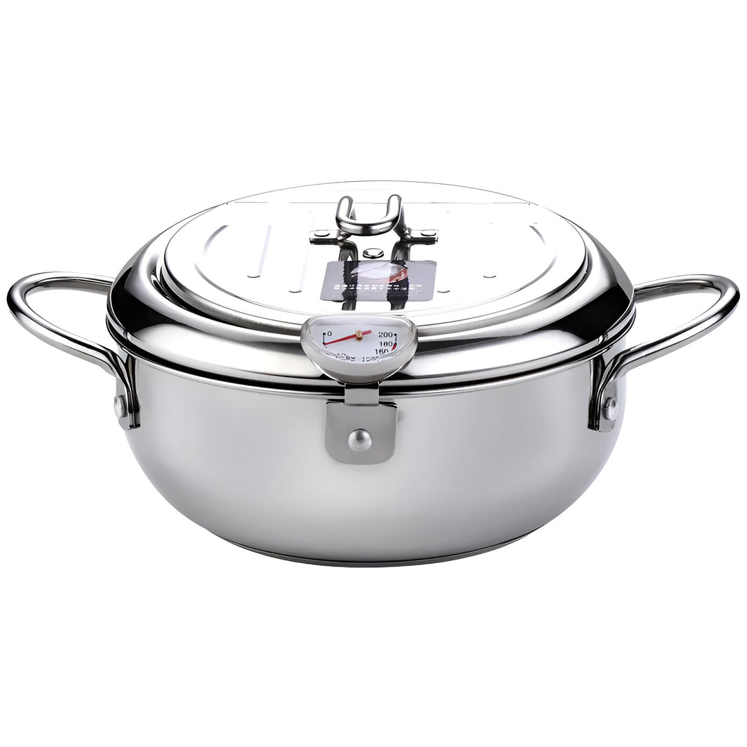 "Stainless steel deep fryer pot with thermometer, silver, heat-resistant handles, and oil drainer rack for safe frying."