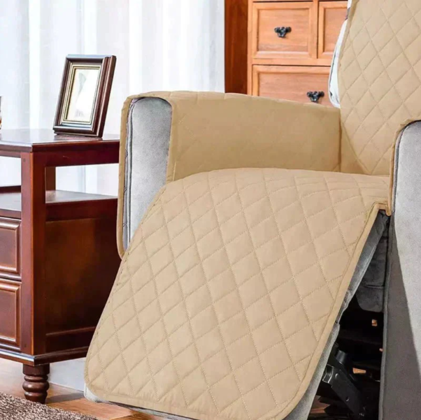 "Stretchable quilted recliner cover in grey, showcasing universal fit and plush, textured comfort for home seating protection