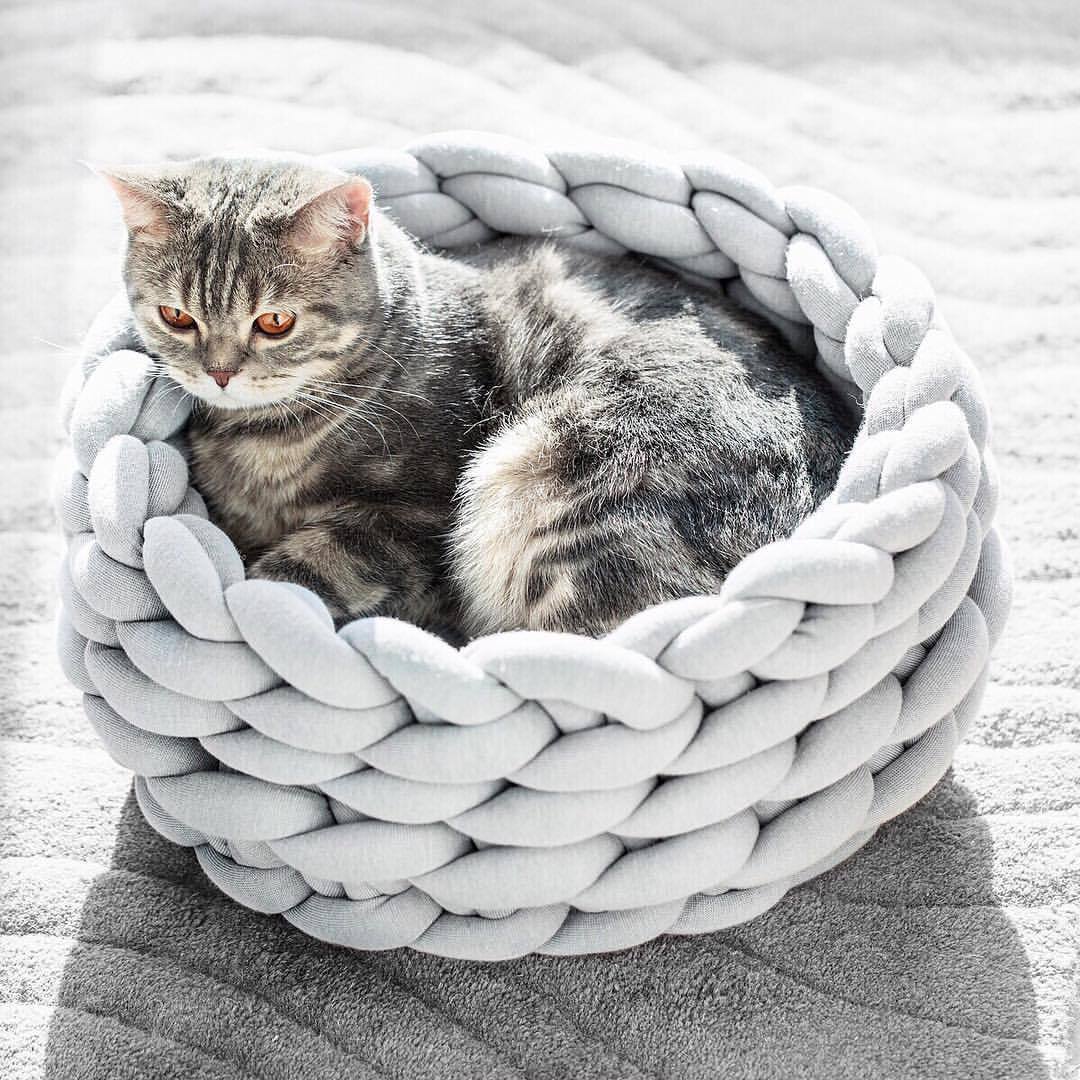 Stylish hand-woven cat bed providing cozy comfort for felines. Perfect handmade pet accessory & home decor.