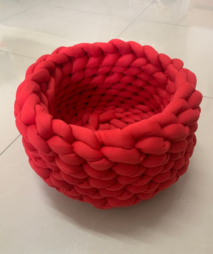 Chic hand-woven cat bed, a cozy pet accessory & stylish home decor. Handmade for feline comfort.