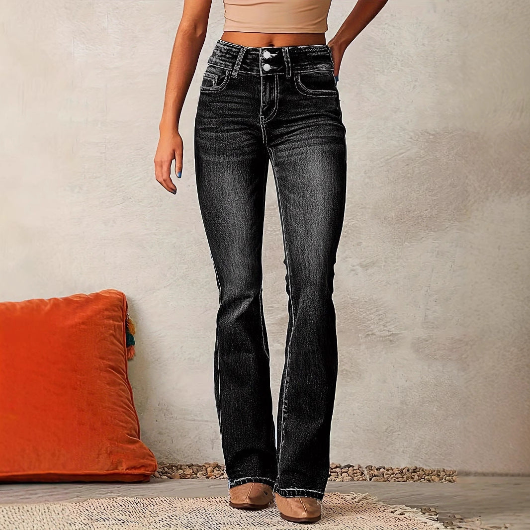 Classic blue denim high-waisted bootcut jeans for women, casual yet fashionable flared pants. Versatile style.