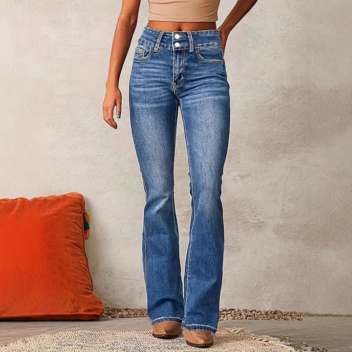 Versatile women's high-waisted bootcut jeans, ideal for stylish everyday wear. Comfortable, flattering denim.