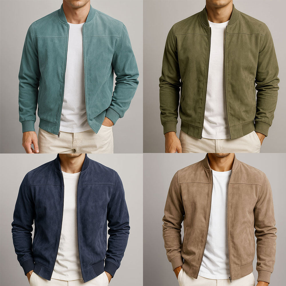 Close-up of stylish suede-look fabric on a men's lightweight summer jacket. Modern fit and comfortable for spring.