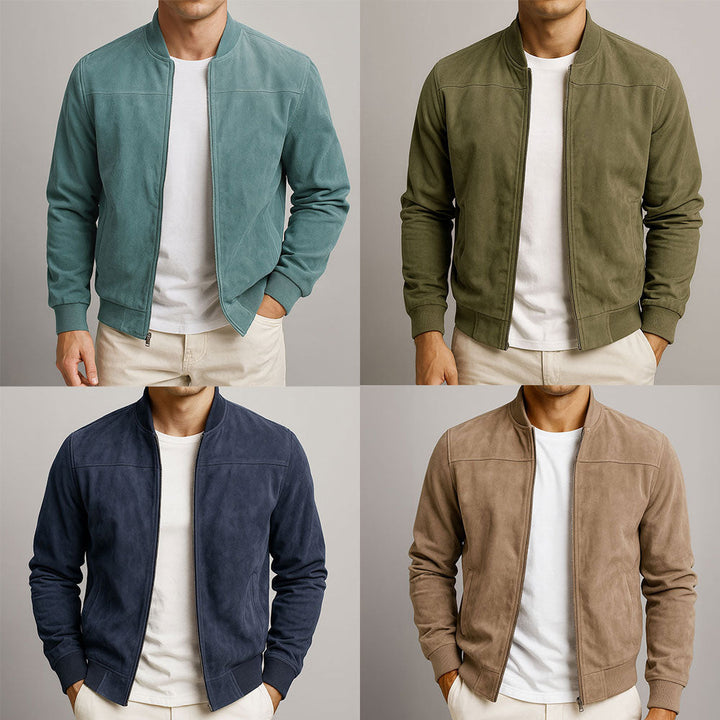 Close-up of stylish suede-look fabric on a men's lightweight summer jacket. Modern fit and comfortable for spring.