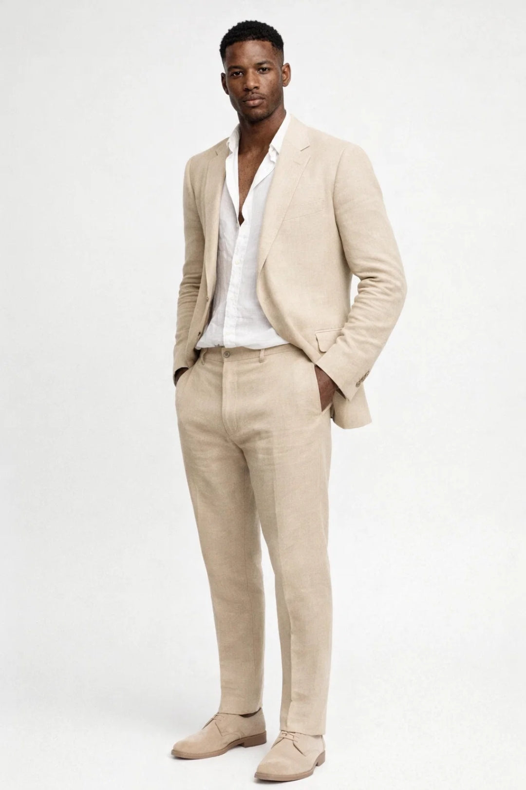Stylish men's two-piece set for summer. Casual menswear outfit, comfortable for vacation, beach, or daily wear.