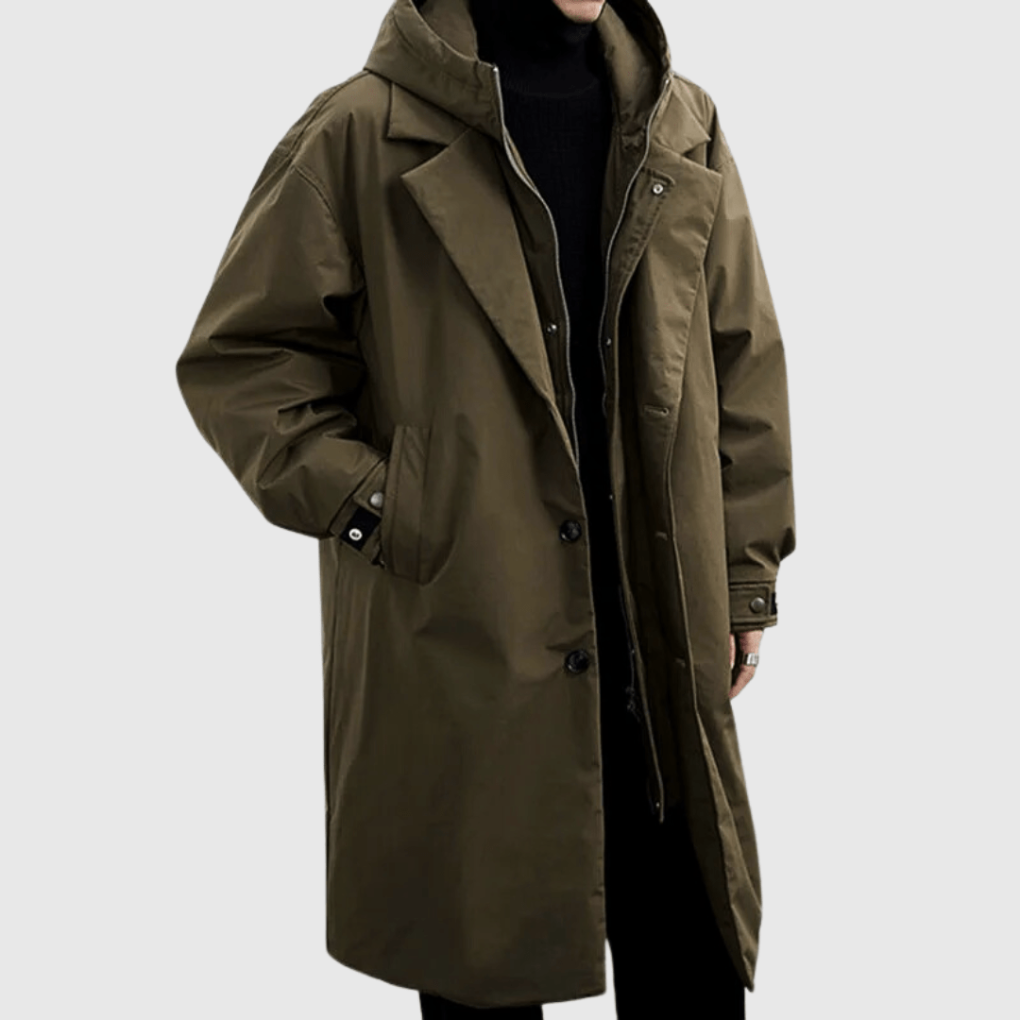 Stylish men's waterproof raincoat, ideal for all-weather protection. Lightweight, durable outerwear for travel & outdoor gear.