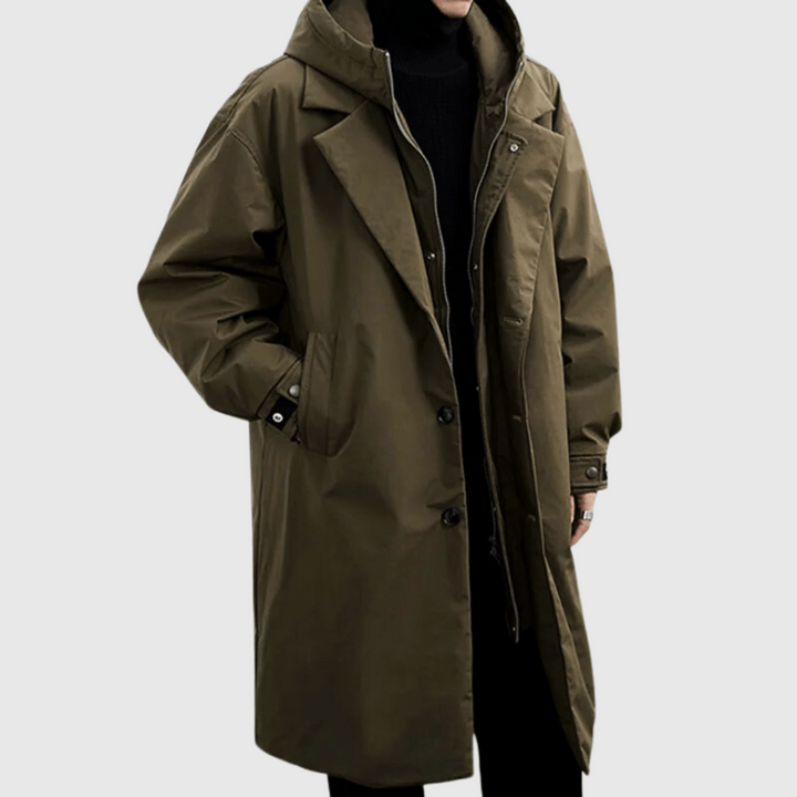 Stylish men's waterproof raincoat, ideal for all-weather protection. Lightweight, durable outerwear for travel & outdoor gear.