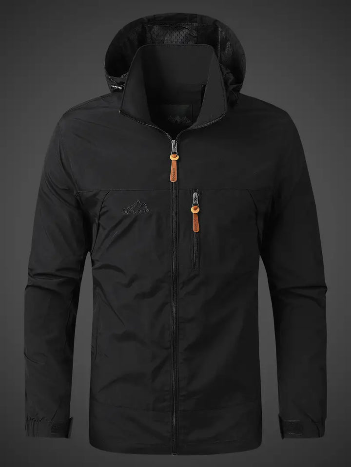 "Stylish men's green waterproof jacket with modern design, lightweight, breathable, and perfect for all-weather conditions."