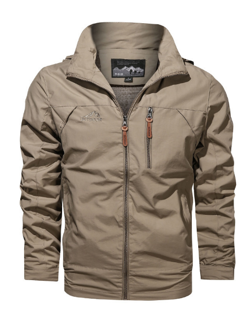 "Stylish men's green waterproof jacket with modern design, lightweight, breathable, and perfect for all-weather conditions."