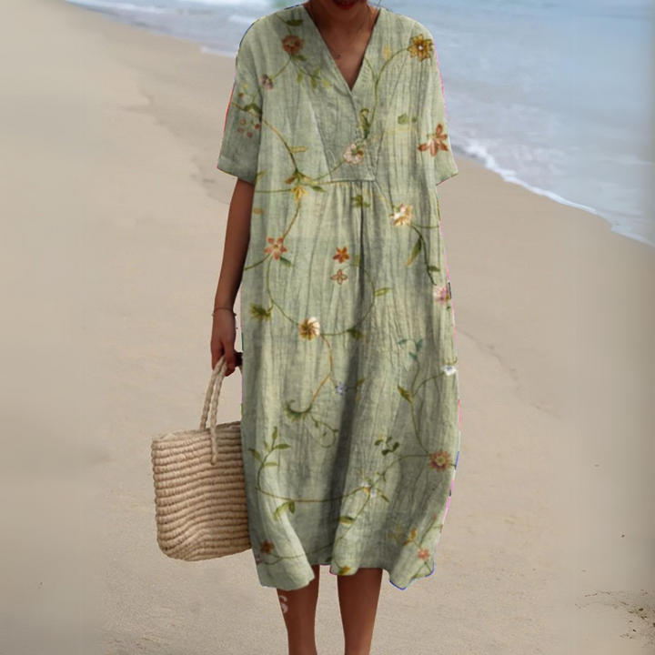 Chic multicolour floral V-neck dress, women's elegant occasion wear for any event.