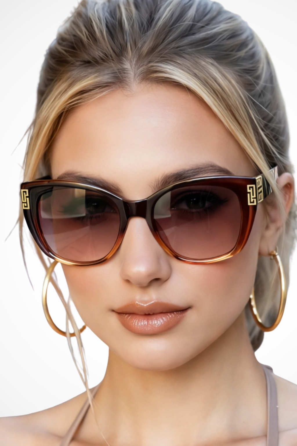 Stylish women's cat eye sunglasses with gold detail. A chic fashion accessory offering UV protection.
