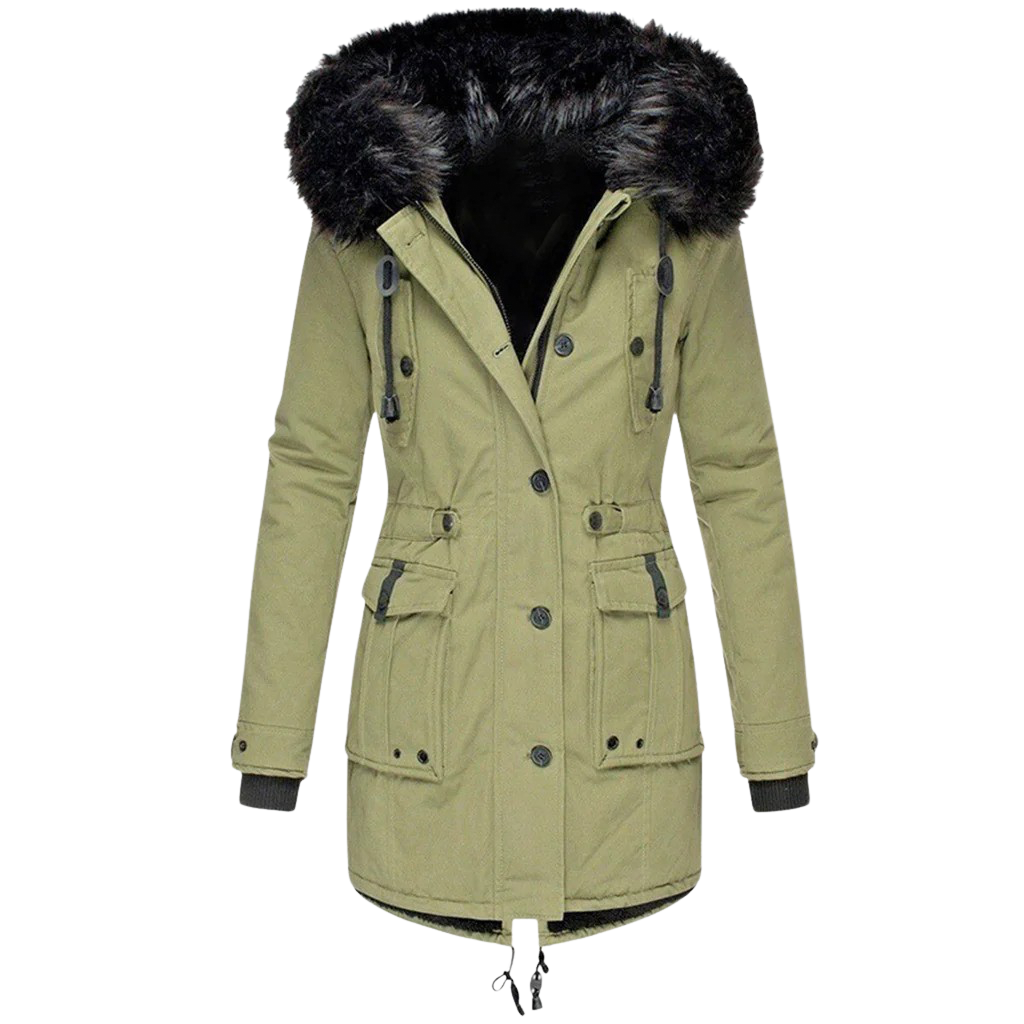 Stylish women's hooded winter coat in multi-color, providing warm outerwear for cold weather fashion.