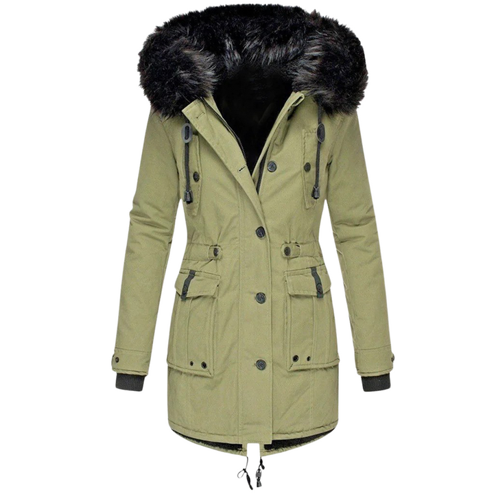 Stylish women's hooded winter coat in multi-color, providing warm outerwear for cold weather fashion.