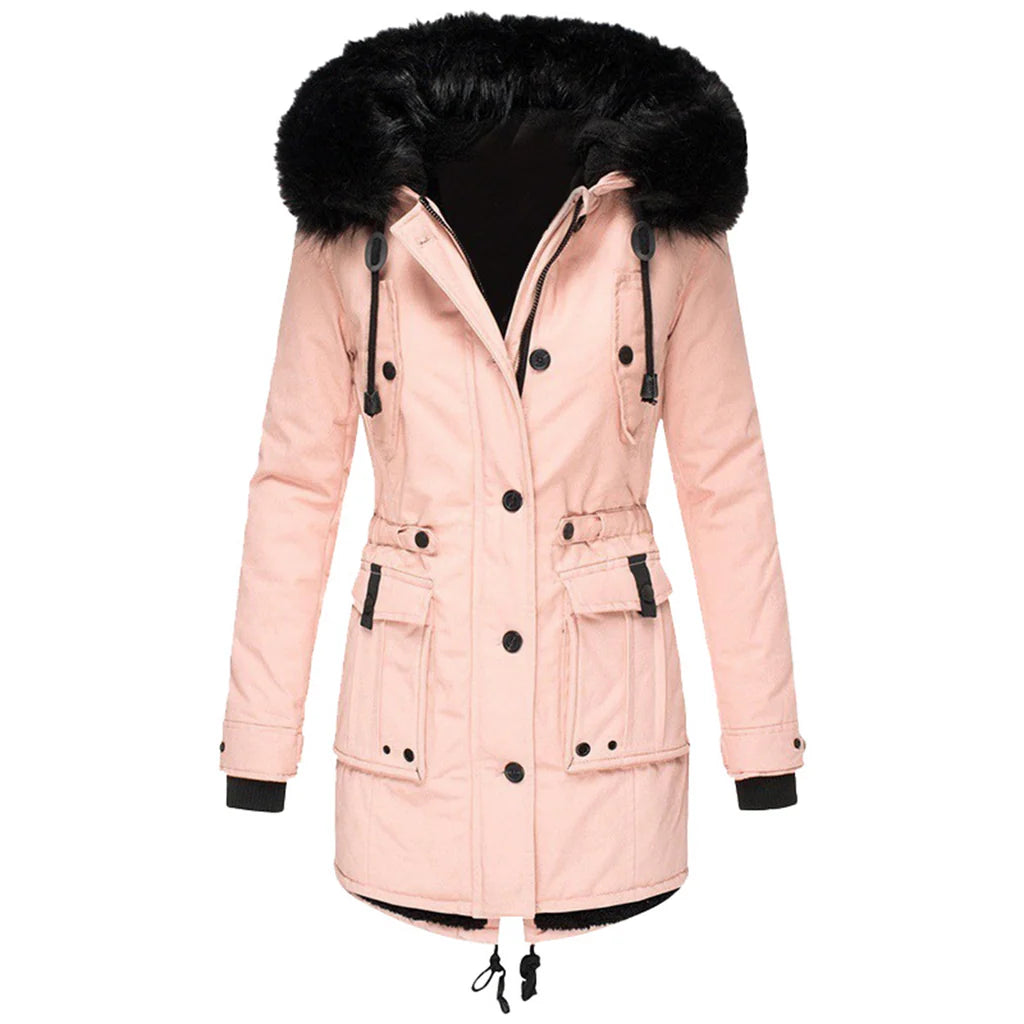 Warm hooded winter coat for women, perfect for stylish cold weather fashion and daily comfort.