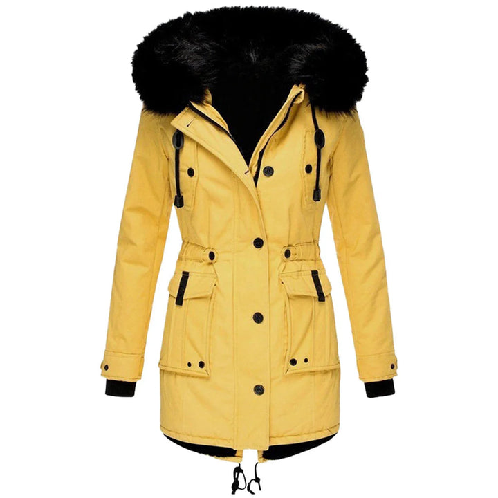 Multi-color women's winter jacket with a hood, offering essential warmth and style for cold days.