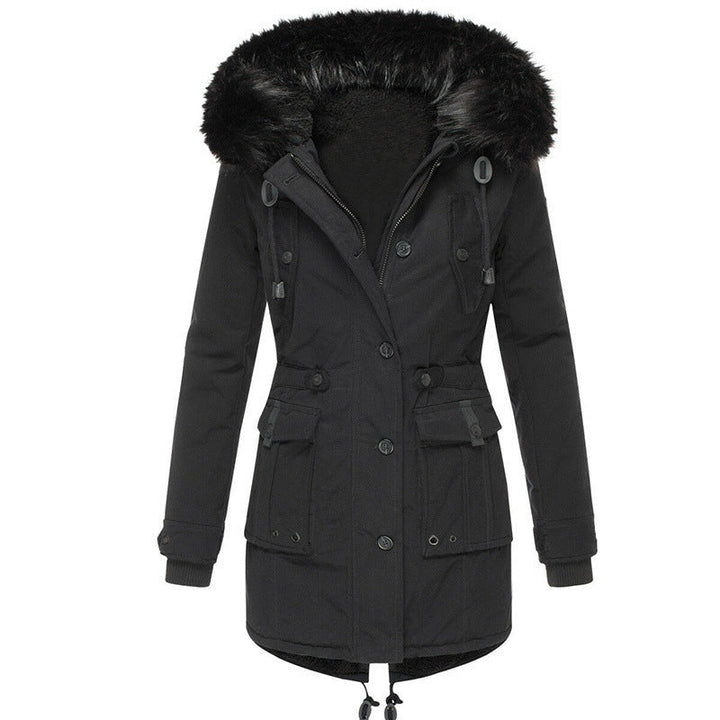 Elegant women's fitted winter coat with a hood, designed for warmth and cold weather fashion.