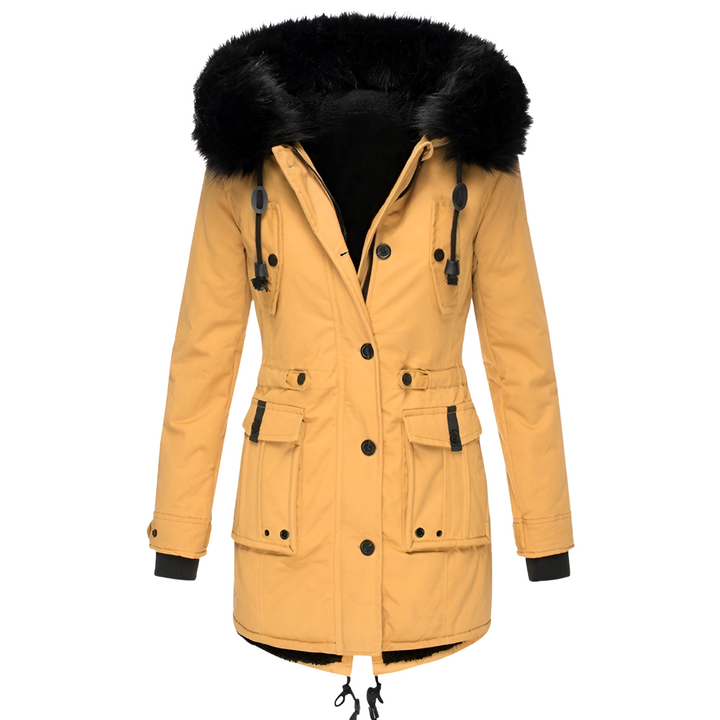 Long-sleeve women's hooded jacket, providing essential and cozy warmth for cold winter days.