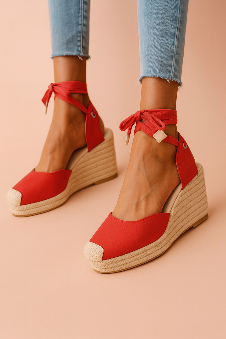 Comfortable espadrille wedge sandals for women, featuring chic ankle ties. Ideal summer footwear for holidays.