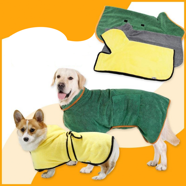 Super absorbent dog drying towel robe for quick post-bath pet grooming and comfort.