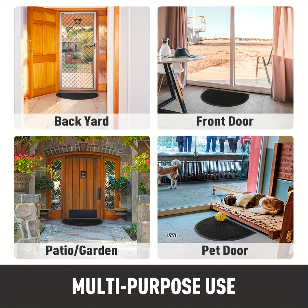 Sustainable half-round rubber door mat, non-slip, durable, dirt-trapping for indoor/outdoor use.