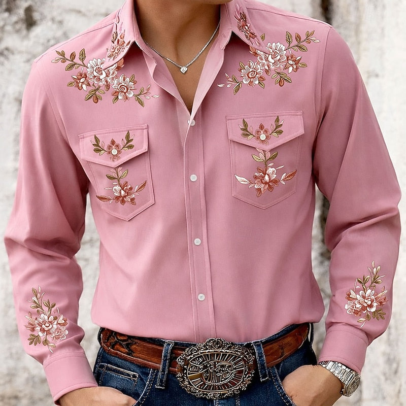 Men's classic embroidered western shirt with intricate stitching, long sleeve, button-down. Timeless cowboy fashion.
