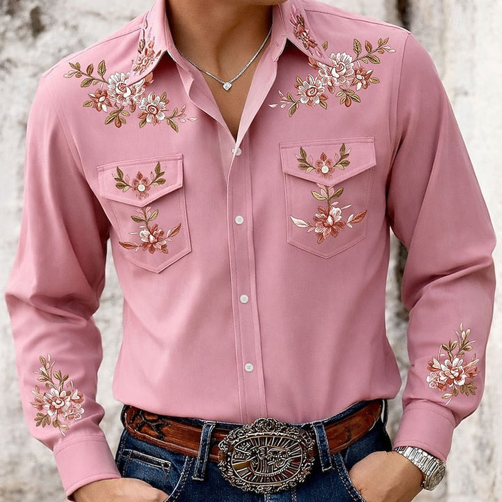Men's classic embroidered western shirt with intricate stitching, long sleeve, button-down. Timeless cowboy fashion.