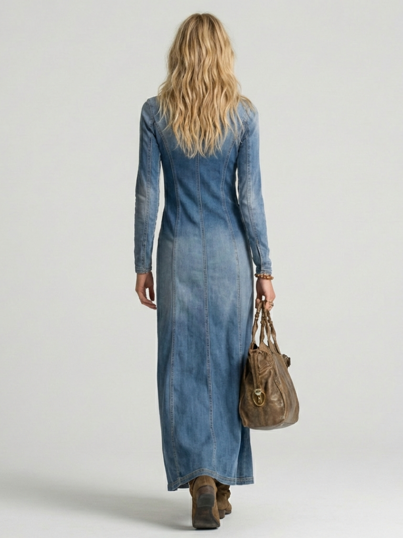 Elegant women's button front maxi dress with V-neck & long sleeves. Versatile fashion for any casual outfit.