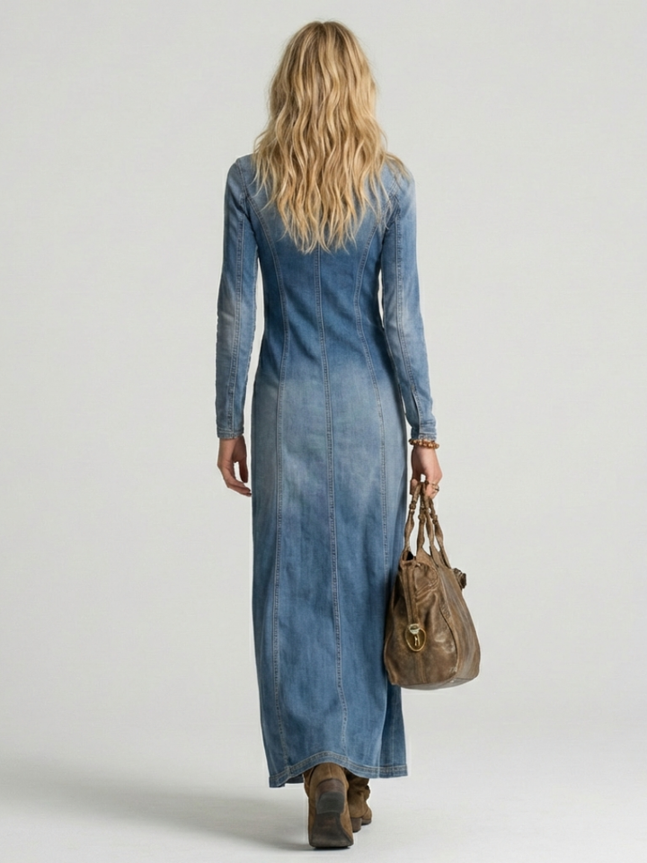 Elegant women's button front maxi dress with V-neck & long sleeves. Versatile fashion for any casual outfit.