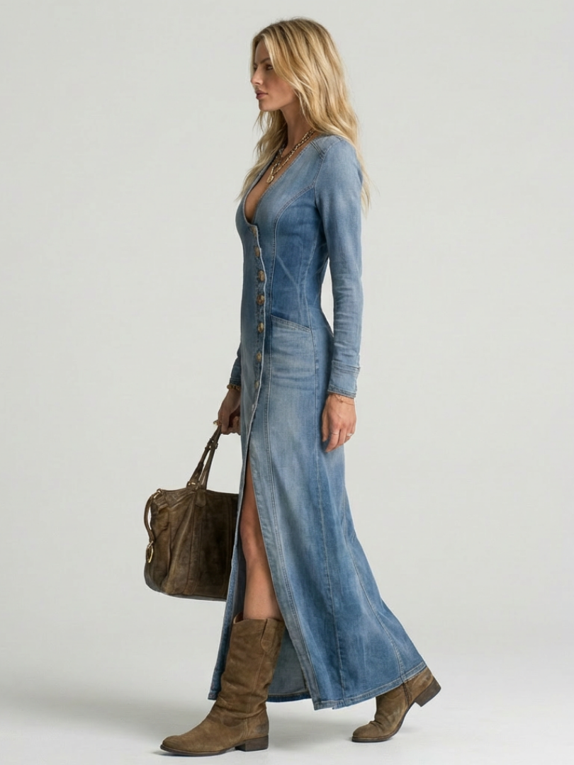 Flowy maxi dress for women, button front, long sleeve, V-neck. Effortless & comfortable casual wear.