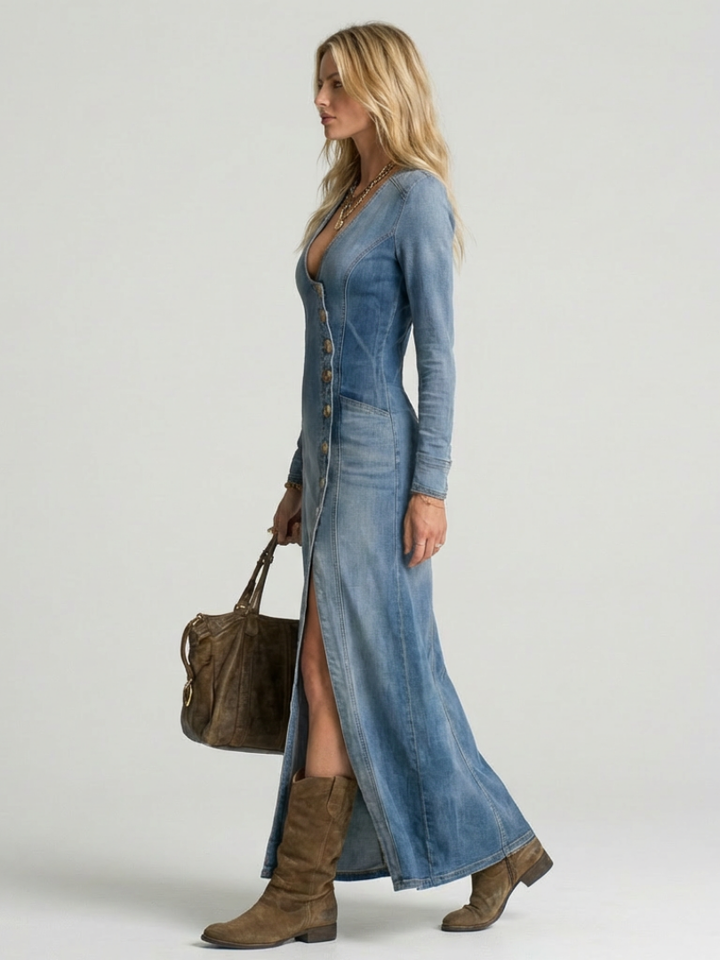 Flowy maxi dress for women, button front, long sleeve, V-neck. Effortless & comfortable casual wear.