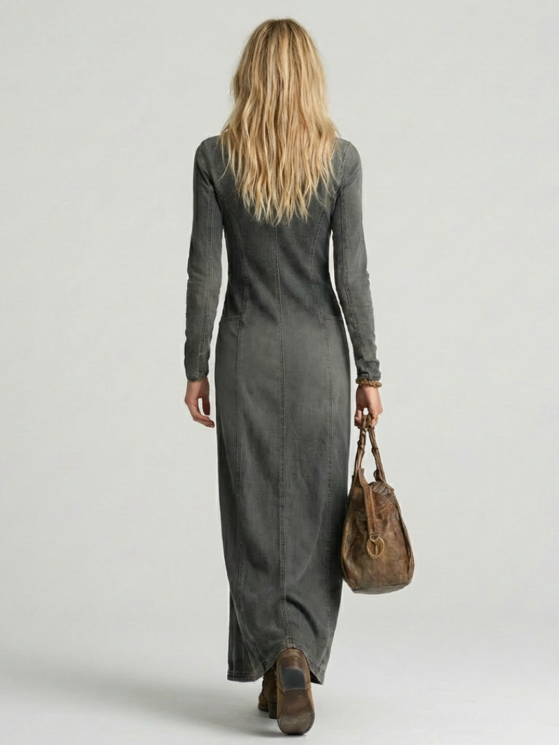 Stylish women's long sleeve V-neck maxi dress, featuring a chic button front and a comfortable flowy design.