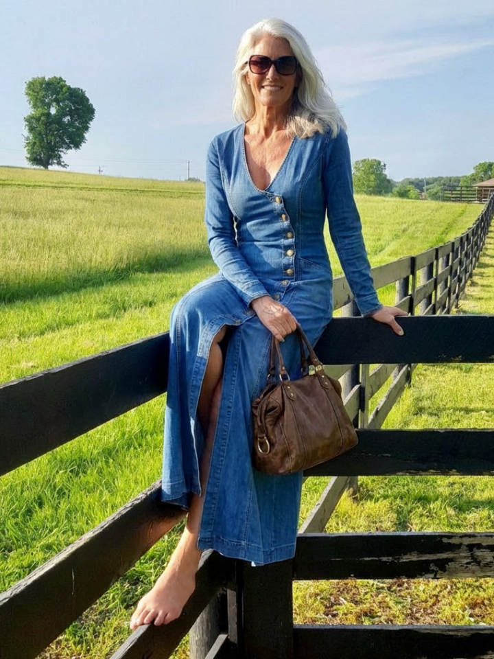 This elegant women's long sleeve maxi dress features a V-neck, button front, flowy design, and casual style.
