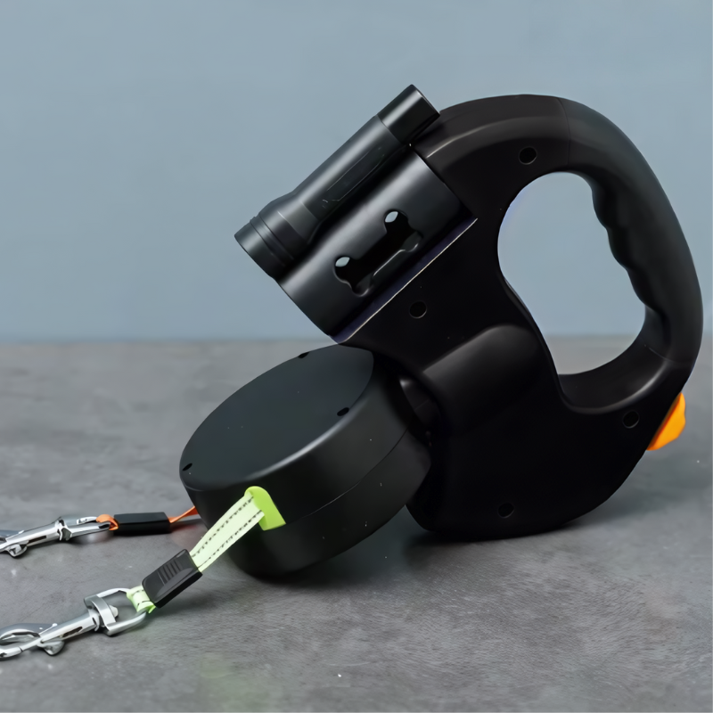 Tangle-free dual dog leash with built-in LED light for safe night walks. Comfort grip for two dogs.