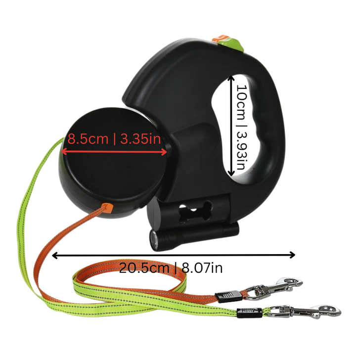 Hands-free tangle-free dual dog leash with bright LED light for secure dog walking and pet safety at night.