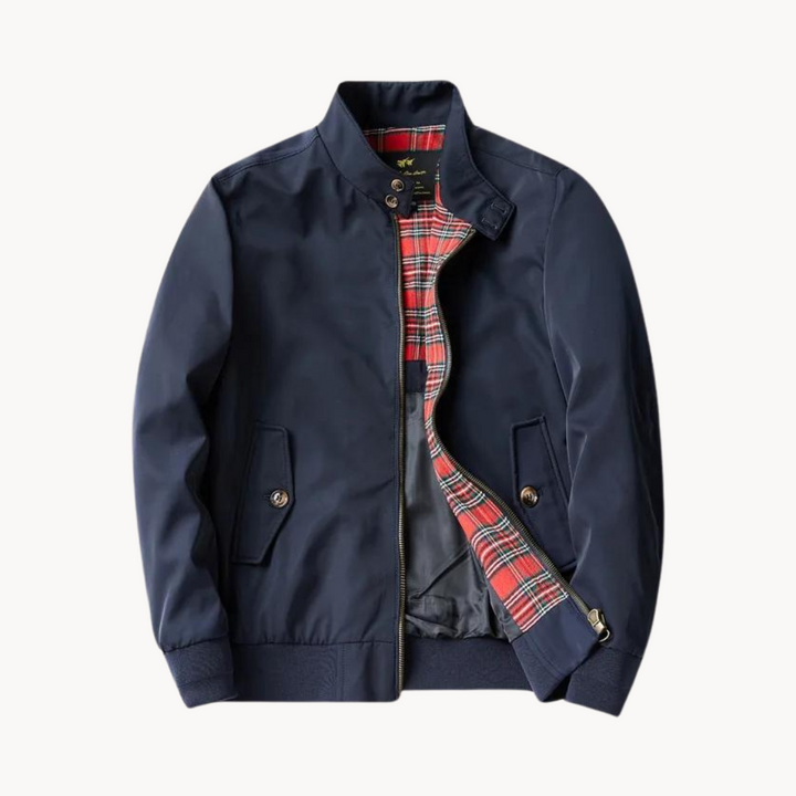 Men's Harrington Jacket with ribbed collar and cuffs, featuring heritage tartan lining for classic mod style.