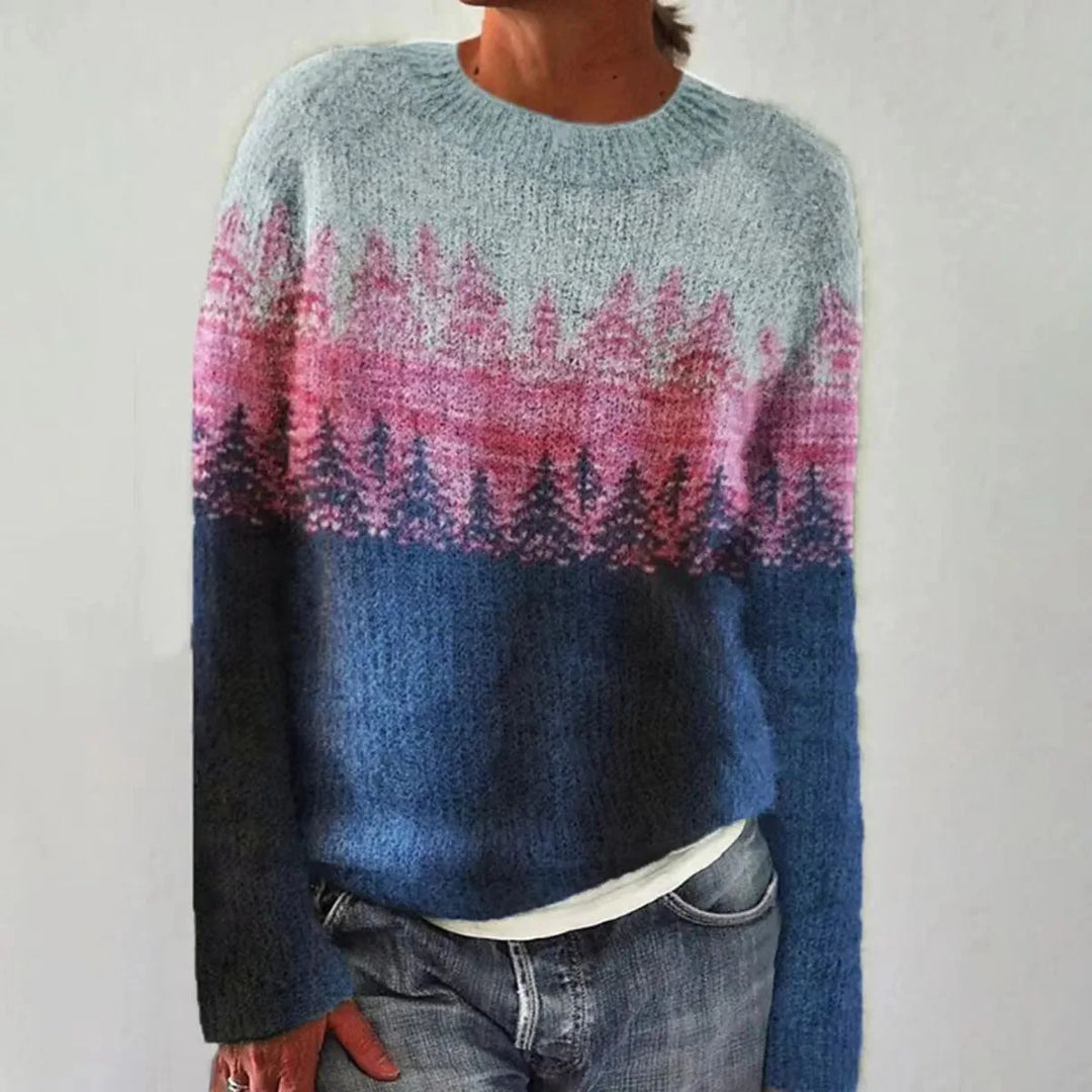Fashionable women's long sleeve sweater, a cozy Scandinavian knit top with elegant winter patterns.