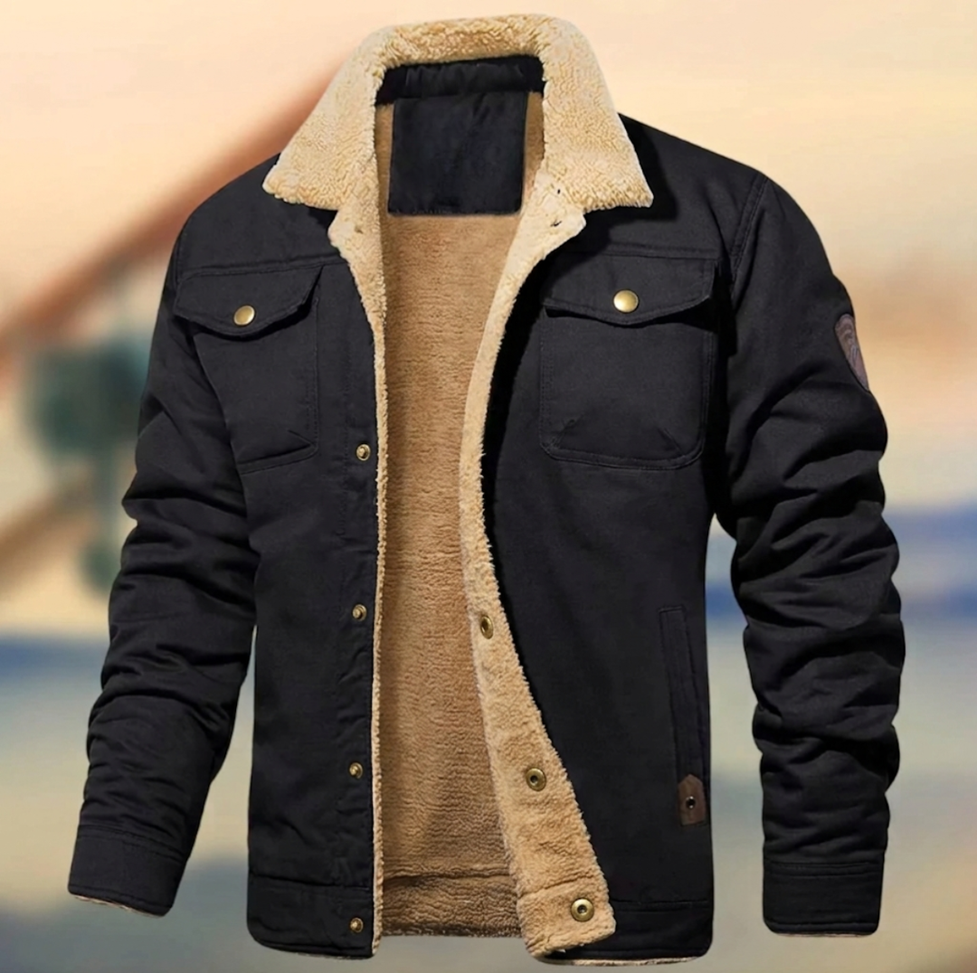 Cozy men's button-down jacket with plush collar, ideal for comfortable autumn and winter layering.