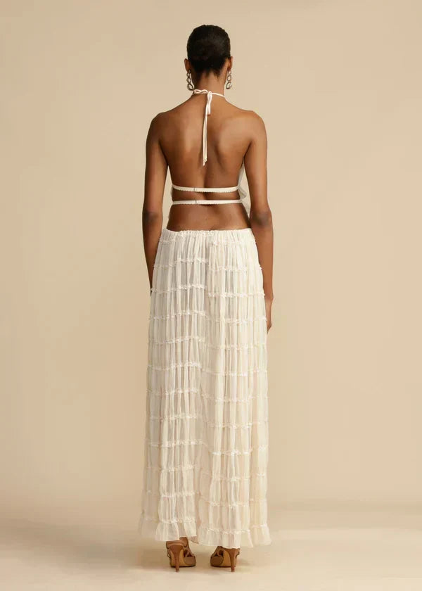 Relaxed women's flowy boho two-piece summer set, a comfortable casual outfit for holiday vibes.