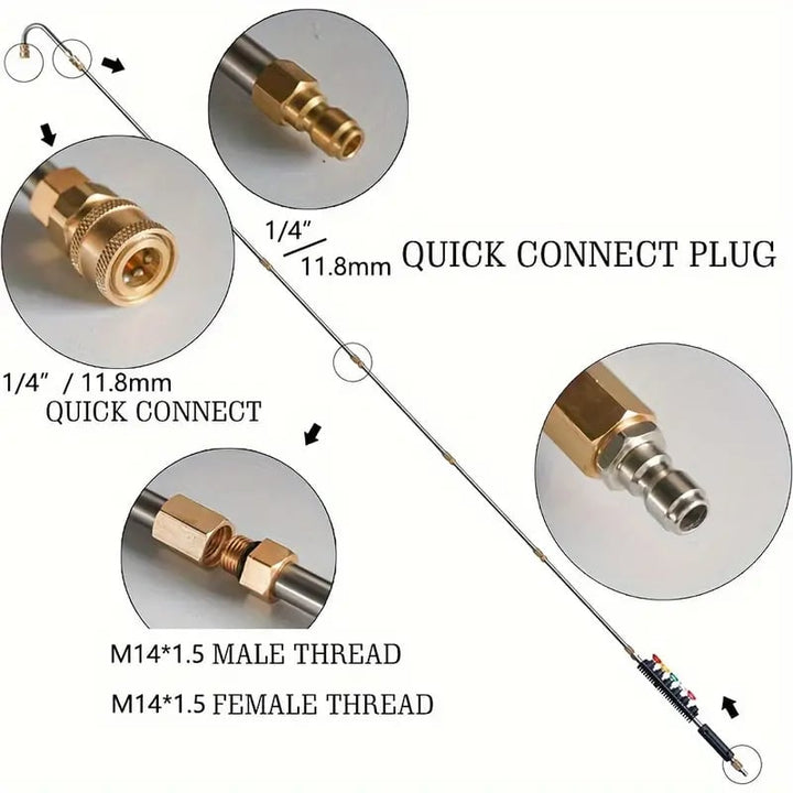"Telescoping high pressure washer wand set, 4000 PSI, extends 24 ft, cleans roofs & gutters, brass & stainless steel design."