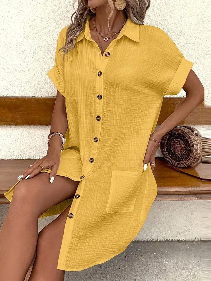 Elegant women's V-neck timeless dress, a blouse style for comfortable everyday wear.
