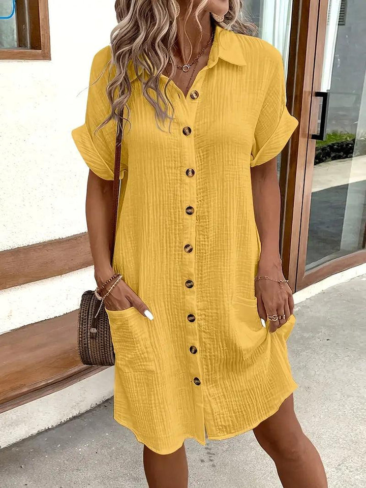 Smart casual women's V-neck blouse dress, a versatile shift for spring/summer style.