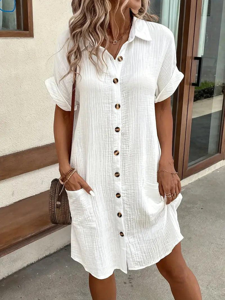 Stylish V-neck blouse dress for women, a timeless piece for smart casual outfits.