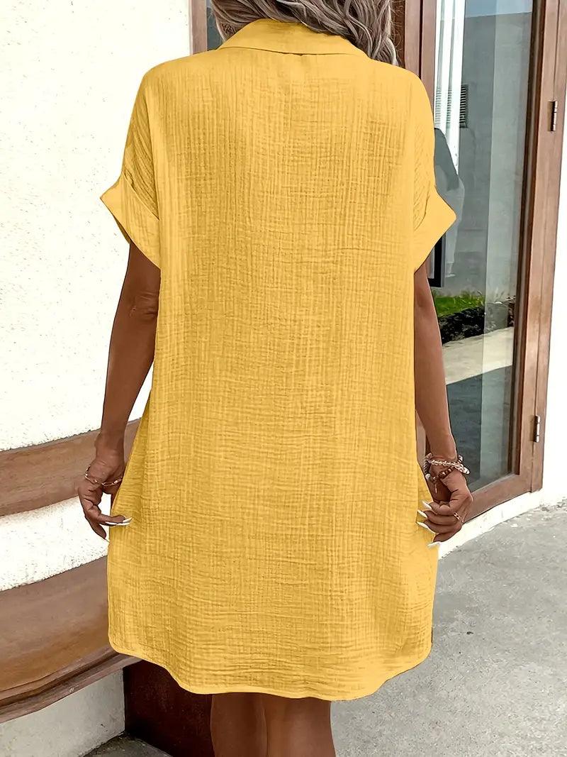 Versatile women's V-neck shift blouse dress, ideal for spring & summer casual looks.