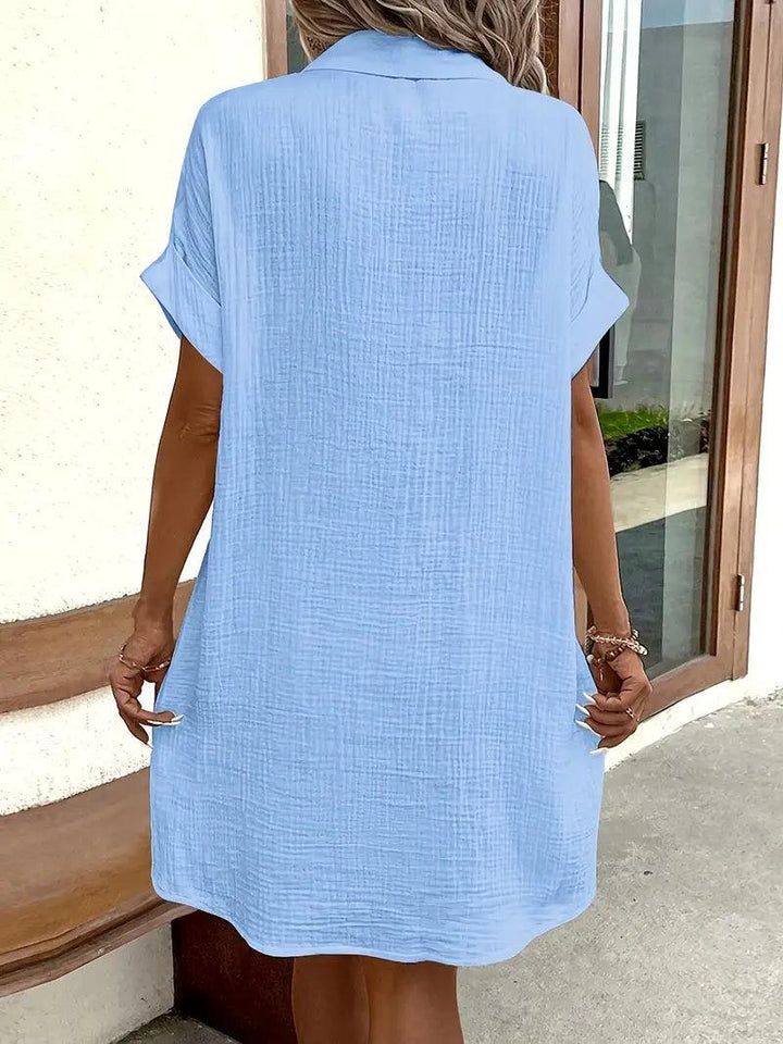 Timeless women's V-neck blouse dress, versatile for spring casual to smart casual wear.