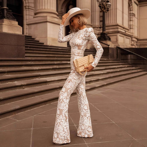 Amarae women's elegant lace jumpsuit. Flattering long sleeve wide leg design for formal eveningwear & parties.